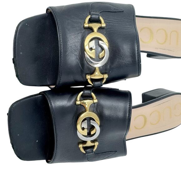 Gucci Zumi Black Leather GG Logo Slide Sandals Low Heel Mules Made Italy EU 38 - Picture 6 of 10